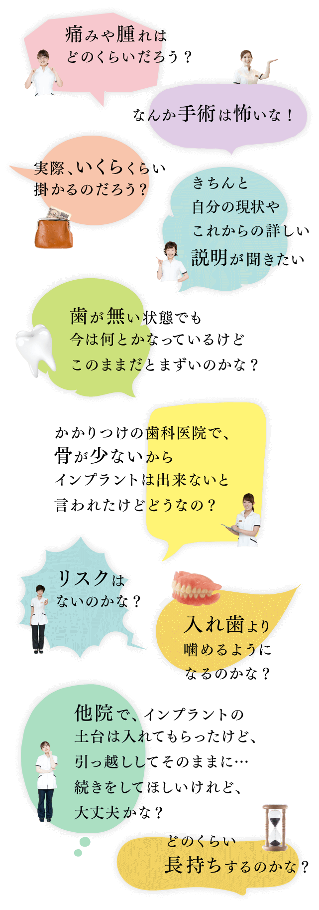 痛みや腫れはどのくらいだろう？ なんか手術は怖いな！ かかりつけの歯科医院で、骨が少ないからインプラントは出来ないと言われたけどどうなの？ どのくらい長持ちするのかな？ 実際、いくらくらい掛かるのだろう？ 歯が無い状態でも今は何とかなっているけどこのままだとまずいのかな？ 他院で、インプラントの土台は入れてもらったけど、引っ越ししてそのままに…続きをしてほしいけれど、大丈夫かな？ きちんと自分の現状やこれからの詳しい説明が聞きたい 入れ歯より噛めるようになるのかな？ リスクはないのかな？