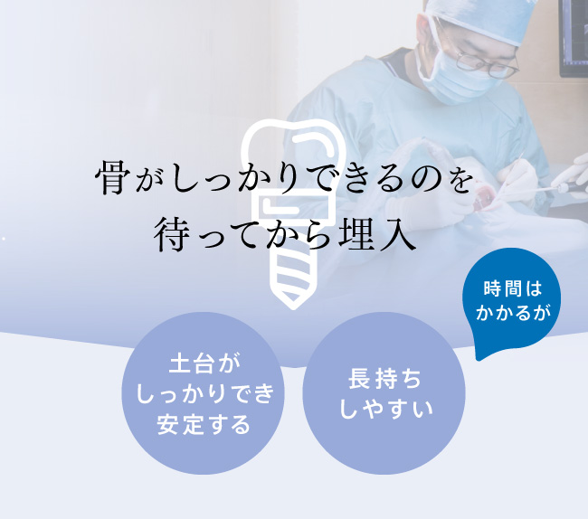 骨がしっかりできるのを待ってから埋入：時間はかかるが、土台がしっかりでき安定する、長持ちしやすい